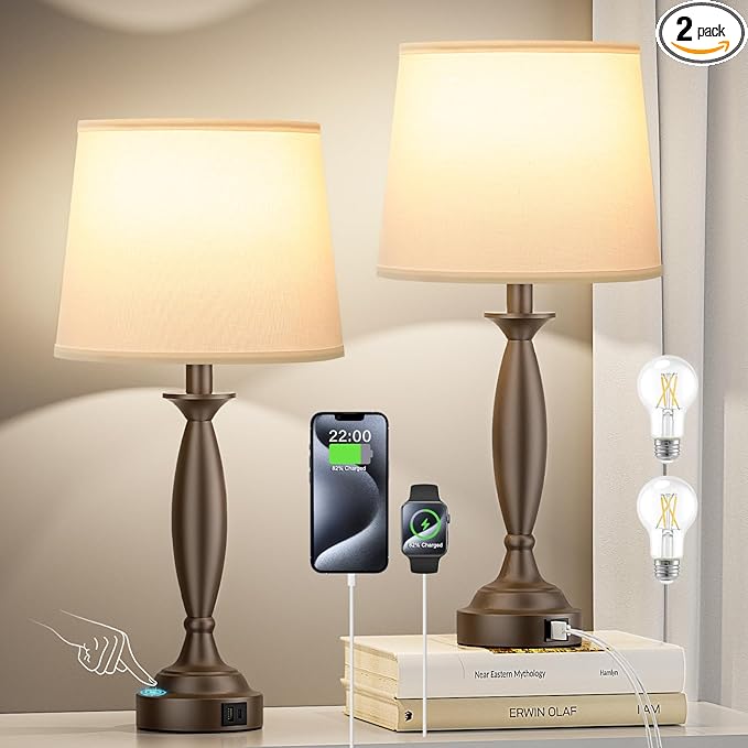 Seealle White Brown Lamps for Bedrooms Set of 2 - Touch Control Bedside Lamp with USB C+A, 3 Way Dimmable Nightstand Lamps with USB Port, Table Lamp for Living Room(White Shade and Brown Base)