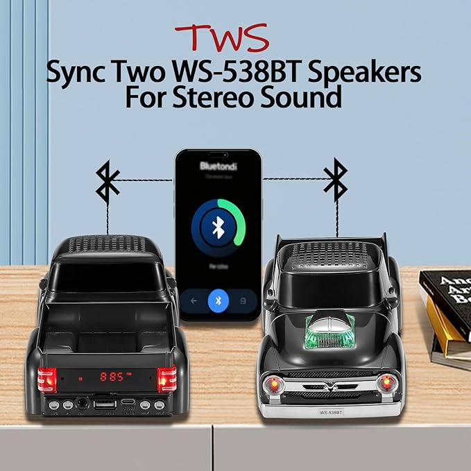 WSTER WS-538 Retro Pickup Truck Bluetooth Replica Speaker – Portable Wireless Car Model Speaker with FM, TWS, LED Party Lights, USB/TF Playback, Built-in Microphone, Type-C, Surprise Gift(White)
