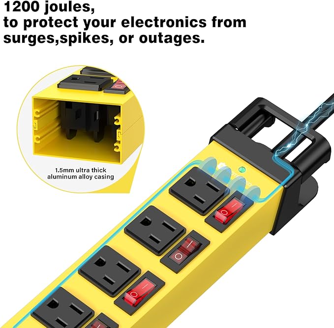 Power Strip with Individual Switches - 8 Outlet Heavy Duty Power Strip with Cord Manager,1200J Surge Protector Home Office Garage Industrial Workbench
