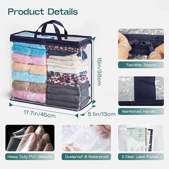 10 Pack Clear Storage Bags for Clothes, 22L Blanket Storage Bags, Under Bed Storage, Closet Organizers Bag, Upgraded Version Two-Way Zippers Design(Navy Blue)
