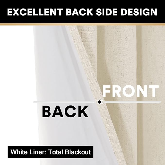 PrinceDeco 100% Blackout Curtains 96 Inches Long 2 Panels Sets Linen Black Out Curtains for Bedroom Thermal Curtains Room Darkening with White Liner Backing for Nursery Decor,52X96 Inch,Bleached Sand