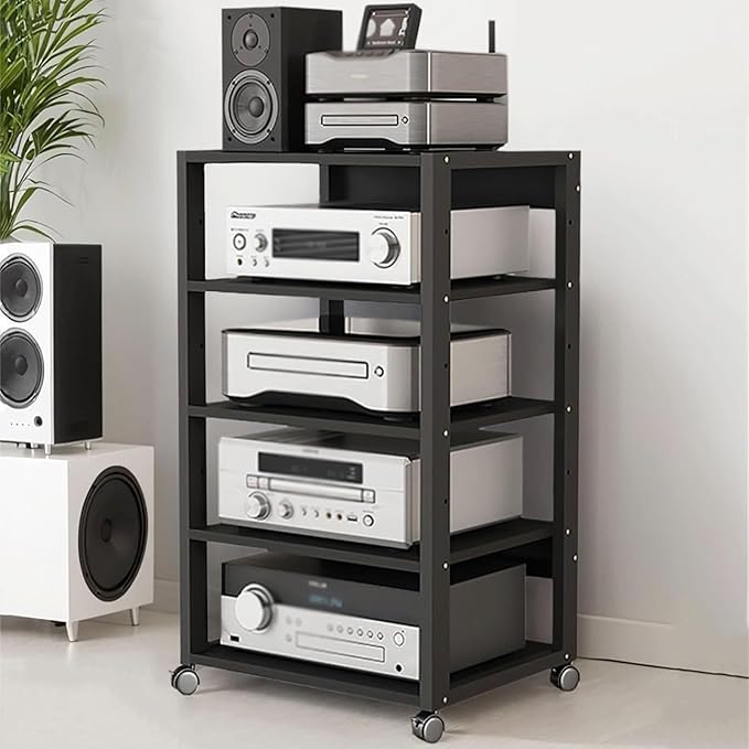 Dernoing 5 Tier Audio Rack Tower, CD Record Player Stereo Receiver AV Equipment Cabinet Display Rack, Weight Capacity 661 lbs, with Adjustable Wooden Shelves for Home (5 Tier Black)