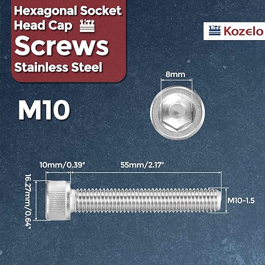 Kozelo 8pcs Socket Head Cap Screws - [M10-1.5 x 55mm] 304 Stainless Steel Allen Socket Drive for Electrical Motor 3D Printing Fan Engine Replacement Use, Silver