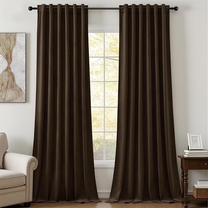 90 Inch Long Velvet Curtains for Living Room, Light Reducing Thermal Curtain Back Tab & Rod Pocket Elegant Soundproof Luxury Room Darkening Window Drapes for Bedroom, W52 x L90, Brown, 2 Pcs