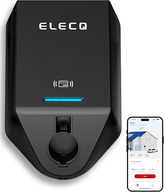ELECQ Home EV Charger Level 2, Active Load Management, Solar Charging Modes, OCPP Compatible & Future-Proof, 50A Hardwired EVSE with J1772 Connector