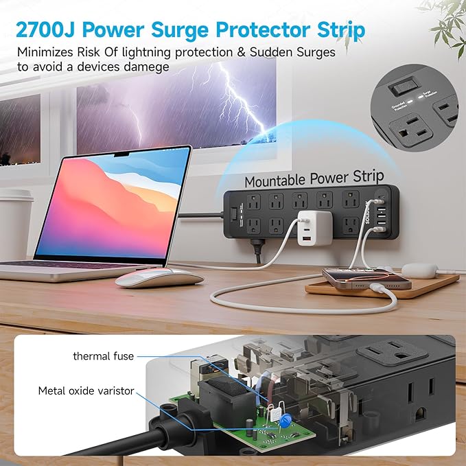 Solidock Power Strip Surge Protector Flat Plug with 20 AC Outlets 6 USB Chagring Ports, 1875W/15A, 2700J, 10 Ft Heavy Duty Extension Cord for Home, Office, Dorm, Gaming,ETL Listed (Black, 10 Feet)