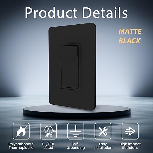 ThunderWay Matte Black 3 Way Decorative Light Switch with Plate, 15 A 120/277 V Rocker Paddle Wall Switch Replacement, Self-Grounding, Residential Grade, Wall Plate, UL Listed (10 Pack)