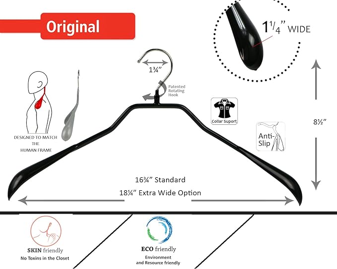 Mawa by Reston Lloyd BodyForm Series Non-Slip Space-Saving Clothes Hanger for Jackets, Suits and Coats, 16-1/2", Style 42/L, Black, Set of 2