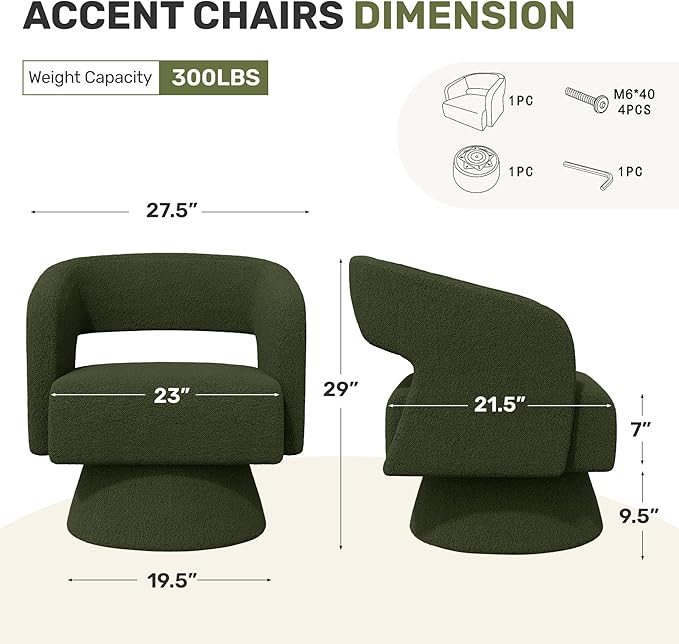 Swivel Accent Chair, Modern Comfy Teddy Barrel Chairs, Oversized Upholstered Round Arm Chair for Living Room, Bedroom, Reading Room, Green, 1 PCS