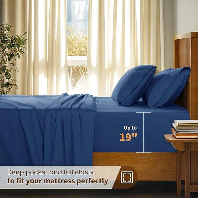 LBRO2M 100% Cotton Sheets Set Deep Pocket 19", 1000 Thread Count Queen Size 4 Piece Bed Sheet Sets Soft Comfortable Bedding All Season (Queen, Navy Blue)
