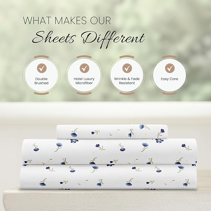 Linen Market Double-Brushed Patterned Microfiber Twin Sheet Set 3 Piece – Oeko-TEX Certified Ultra Soft & Wrinkle-Free - 16" Deep Pocket Sheets - Easy Care Twin Size - Soft Floral Light Blue