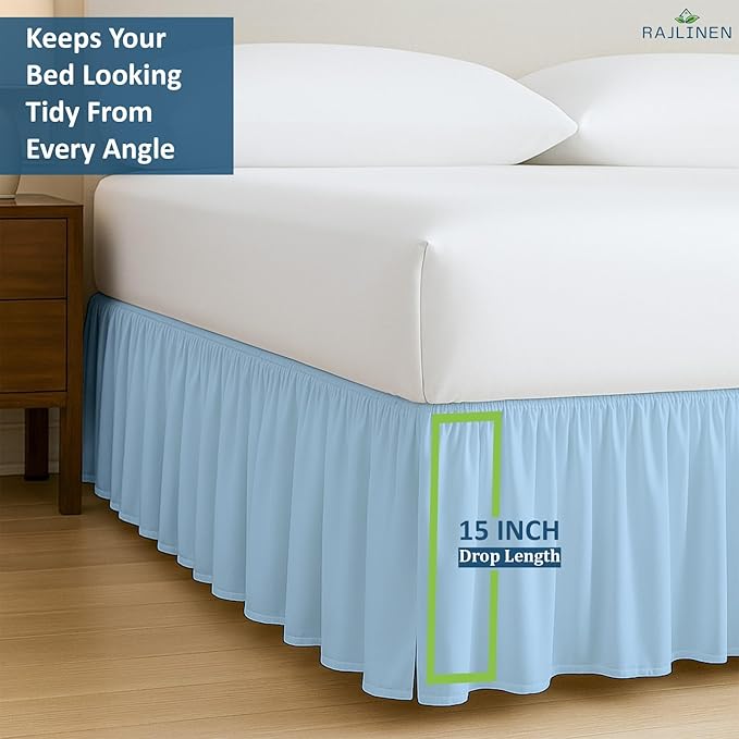 Rajlinen Ruffled Bed Skirt Full XL, 15 Inch Drop Dust Ruffle with Split Corners, 100% Microfiber Bedskirt with Platform, Three-Sided Coverage Ruffled Gathering Design, Light Blue