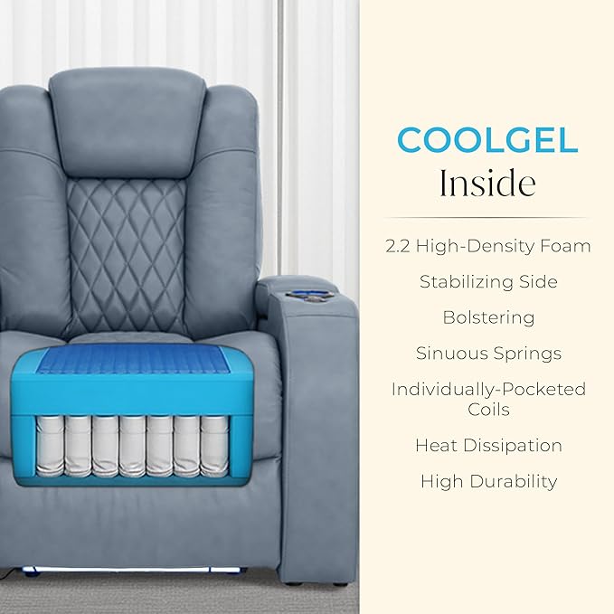 Seatcraft Diamante Zero-Gravity CoolZero Italian Leather Home Theater Seating, Power Headrest, Power Recline, Row of 5 Dual Loveseats, Smokey Blue
