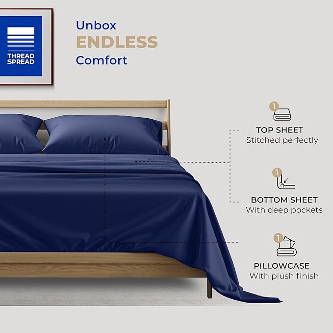THREAD SPREAD Twin XL Sheet Sets Cotton - 400 Thread Count 100% Cotton XL Twin Sheets, 3 PC (Navy Blue), Luxury Soft, Breathable, Cooling, Extra Large 16" Deep Pocket Sateen Bedsheet for Dorm Rooms