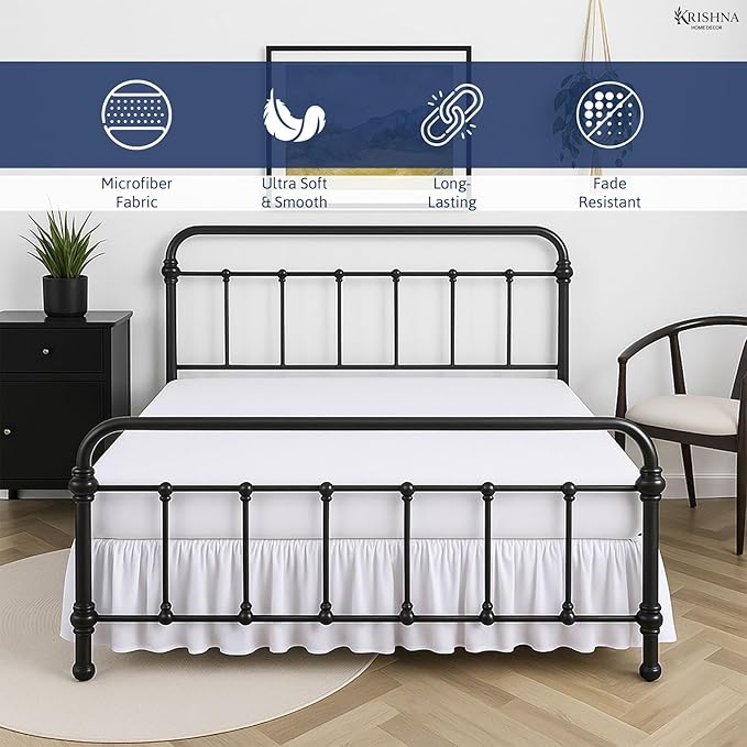 KRISHNA Ruffled Bed Skirt with Split Corners Twin, 100% Microfiber Hotel Quality, 28 Inch Drop Dust Ruffle Gathered Bedskirt with Platform, 39" x 75", White