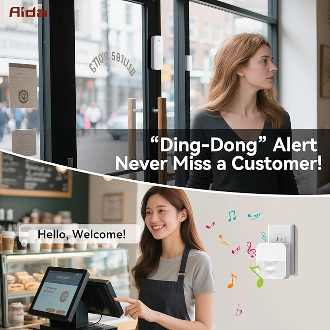 AIDA Door Alarms When Opened Wireless Ring Chime Sensor Alarm for Business/Home/Kids - 600ft Range, 58 Ringtones, 5 Volume Levels, Open Alert, Easy Install (1 Receiver + 2 Sensor)