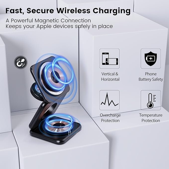 KU XIU X40 Plus Foldable Magnetic Wireless Charger, Portable 3 in 1 Charging Station for iPhone 17/16/15/14/13/12 & iPhone Air, 5W for iWatch S11–4/SE/Ultra 3/2/1 and AirPods 4/3/2/Pro, Carbon Fiber