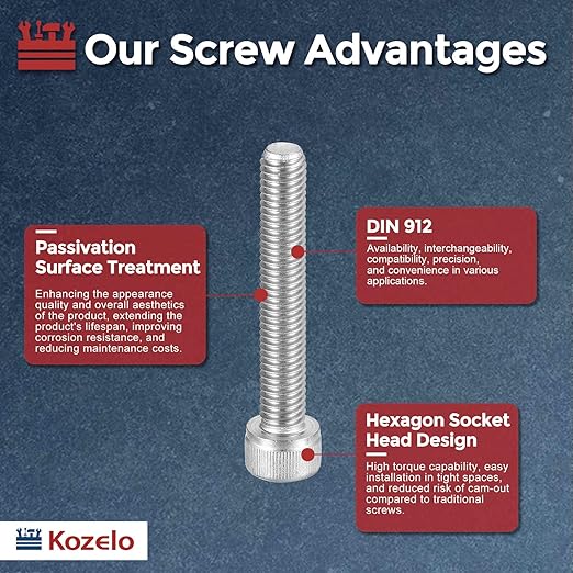 Kozelo 12pcs Socket Head Cap Screws - [M8-1.25 x 50mm] 304 Stainless Steel Allen Socket Drive for Electrical Motor 3D Printing Fan Engine Replacement Use, Silver