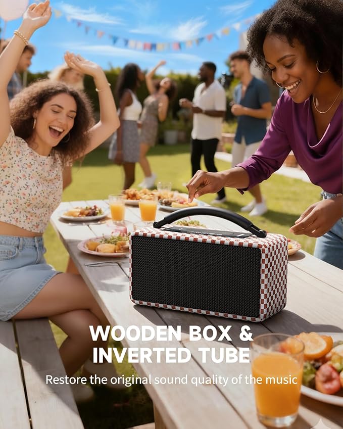 DINDIN Portable Bluetooth Speaker: 80W (Peak), 20H Playtime, Loud Wireless Wood Speakers with Bass, AUX and USB Input, Subwoofer, TWS Pairing, Vintage Speaker for Outdoor, Home, Office (Red+White)