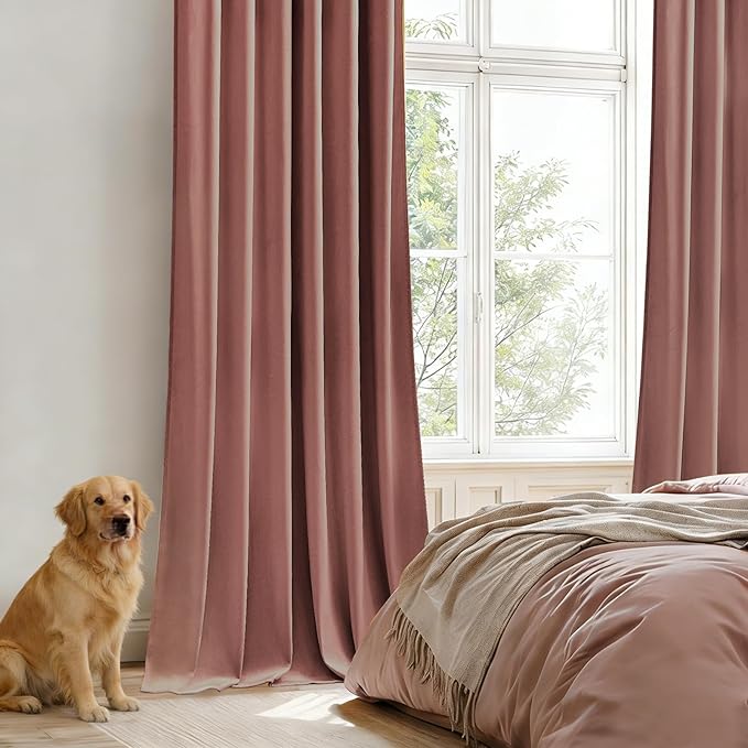 Dusty Rose Pink Velvet Curtains for Girls Bedroom, Thermal Insulated Room Darkening Velvet Curtain 84 Inches Long Luxury Window Drapes for Living Room, Back Tab Rod Pocket, W52 x L84, 2 Panels