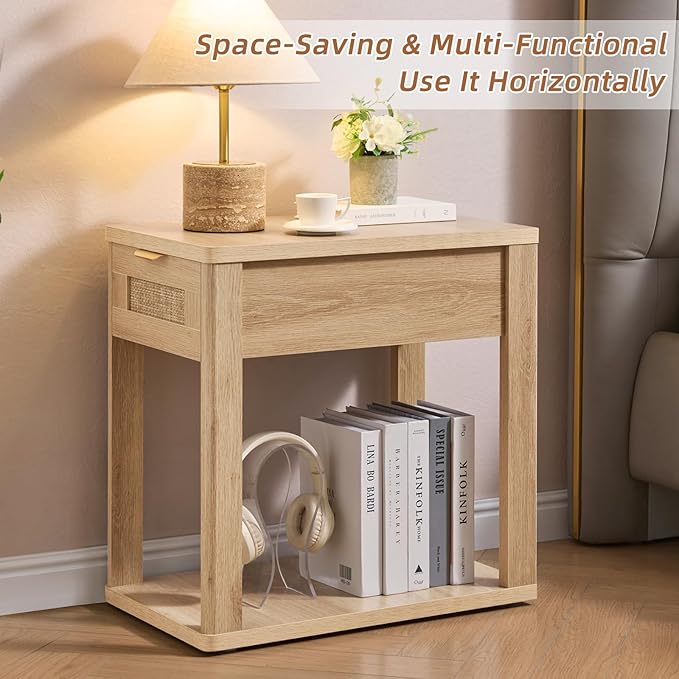 LEYAOYAO Narrow Side Table Set 2, 24x14'' Rattan Night Stand with Charging Station Drawer Storage,Natural Wood Bedside End Table for Small Spaces,Boho Nightstand for Living Room Bedroom