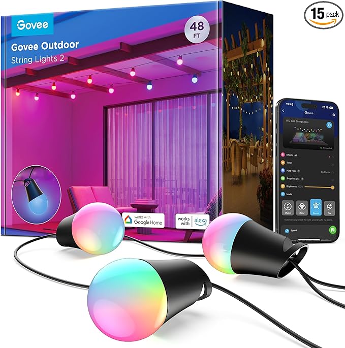 Govee Smart Outdoor String Lights 2, 48ft Outdoor Lights with Dimmable Warm White LED Bulbs, 47 Scene Modes for Patio, Backyard, Balcony, IP65 Waterproof, Works with Alexa, App Control
