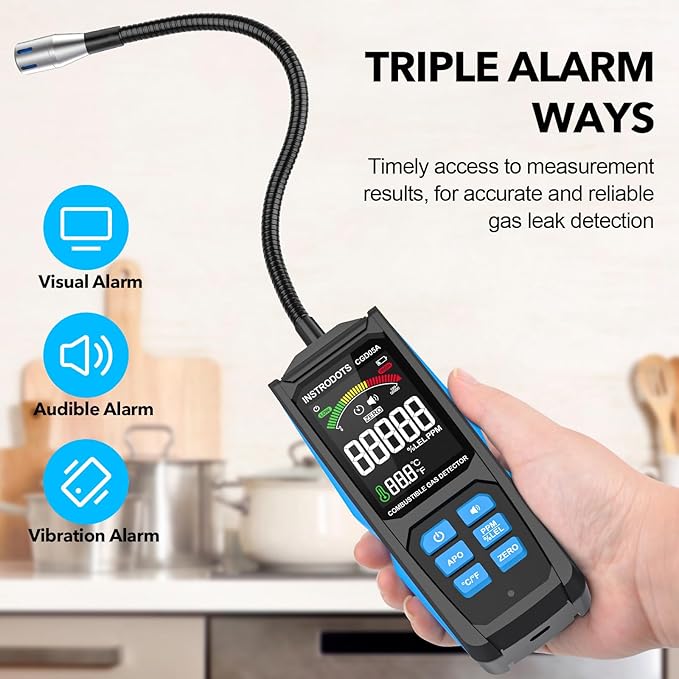 INSTRODOTS Natural Gas Detector, Gas Leak Detector with Audible & Visual Alarm, Rechargeable Gas Sniffer with 11.3-inch Gooseneck, Locating Propane, Natural Gas, Combustible Gas Leak for Home and RV