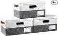 PRANDOM Storage Boxes with Lids [3-Pack] Linen Fabric Foldable Storage Bins Organizer Containers Baskets Cube with Cover for Closet Office Nursery Grey&White（11.4X8.6X6.7