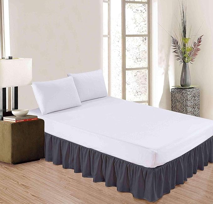 Dark Grey Solid Ruffled Bed Skirt Cal-King-28 Inch Drop Split Corner, Microfiber Bedskirt with Platform Three Sided Coverage