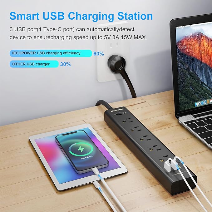 10FT Long Surge Protector Power Strip-with 5 Widely Outlets and 3 USB Ports(1 USB C Port),10 Foot Extension Cord(1250W/10A),Wall Mount for Home Office,700 J,Black(2 Pack)