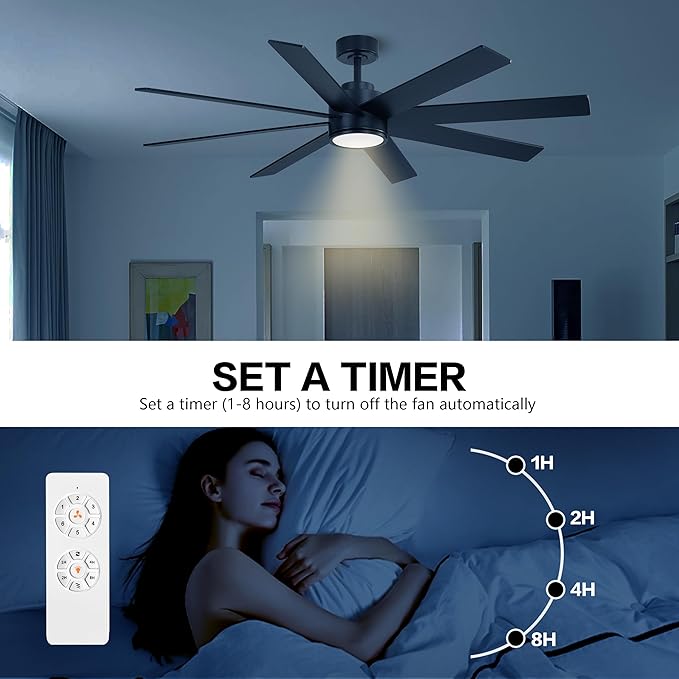 WINGBO 60" Large DC Ceiling Fans with Lights and Remote, 3 Downrods, 8 Plywood Blades, 6-Speeds Reversible DC Motor, 3CCT, Indoor Ceiling Fan for Bedroom Living Room Patio, Black