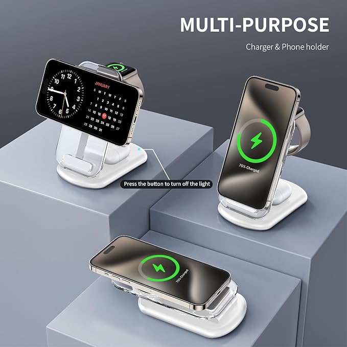 RYND 2026 Travel Wireless Mag-Safe Fast Charging Station,Magnetic 3 in 1 Charger with Light for iPhone16 15 14 13 12 Pro Max Plus,Apple Watch Series & Air pods 4 3 2 Pro-Gifts for Wife & Husband(Cyan)