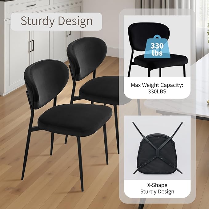 Black Dining Chairs Set of 4 Velvet Upholstered Kitchen & Dining Room Chairs Modern Crescent-Shaped Backrest Accent Side Chairs with Swivel Leveling Feet for Restaurant/Dining Table/Home