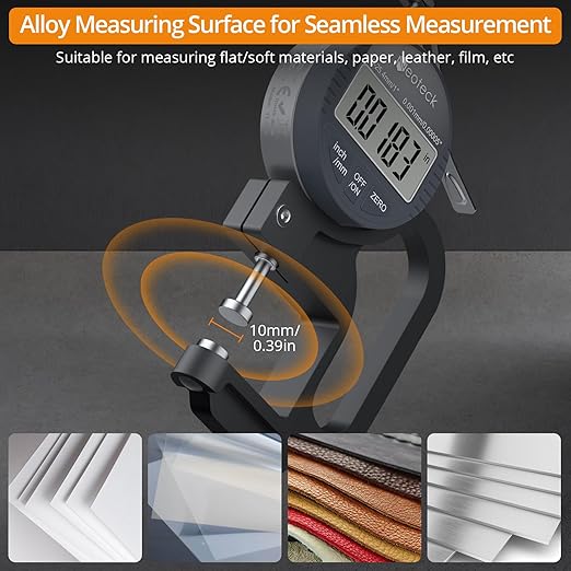 Neoteck Digital Thickness Gauge 1inch/25.4mm,0.00005inch/0.001mm LCD Display with Inch/MM Conversion One-Hand Quick Press Thickness Measuring Tool for Leather Paper Fabric Film etc.-Silver-Grey