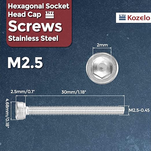 Kozelo 30pcs Socket Head Cap Screws - [M2.5-0.45 x 30mm] 304 Stainless Steel Allen Socket Drive for Electrical Motor 3D Printing Fan Engine Replacement Use, Silver