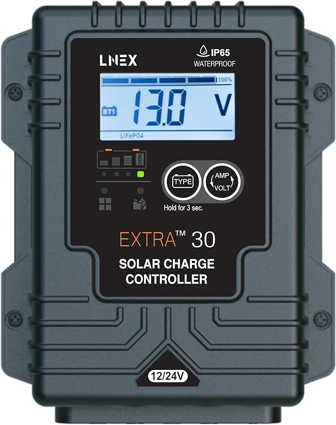 LNEX Solar Charge Controller Waterproof,30A Solar Panel Regulator with Temp Sensor,Backlit LCD, 12V/24V PWM Solar Controller for LiFePO4,AGM, Gel, Flooded and Lithium Battery