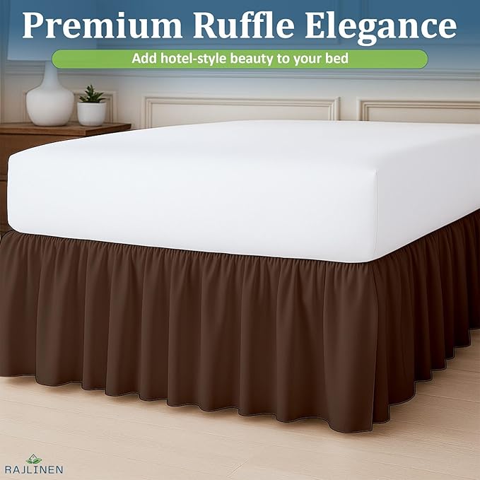 Rajlinen Ruffled Bed Skirt Twin XL, 18 Inch Drop Dust Ruffle with Split Corners, 100% Microfiber Bedskirt with Platform, Three-Sided Coverage Ruffled Gathering Design, Chocolate