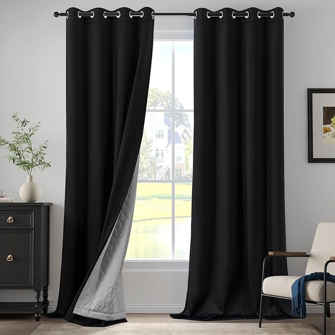 Extra Long Blackout Soundproof Curtains Thermal Insulation Drapes with 3-in-1 Layer Light Blocking Heat Insulating for Bedroom Living Room (1 Panel, Black, 50" x 120")