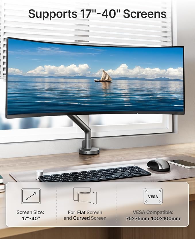 monTEK Single Monitor Arm with USB for 17-40 Inch Screens, Up to 24.25lbs, Heavy Duty Monitor Mount with VESA Mount, Full Motion Adjustment Monitor Stand C-Clamp/Grommet Base,MA1010UCDG