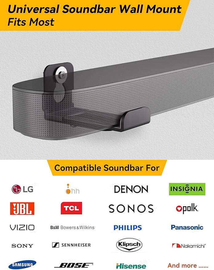 MUAKIOY SoundBar Wall Mounts, Universal Sound Bar Brackets Under TV, Depth Adjustable 3.4" to 5.8" for More Soundbars, Dual Spearkers Holders with All Hardware Kit