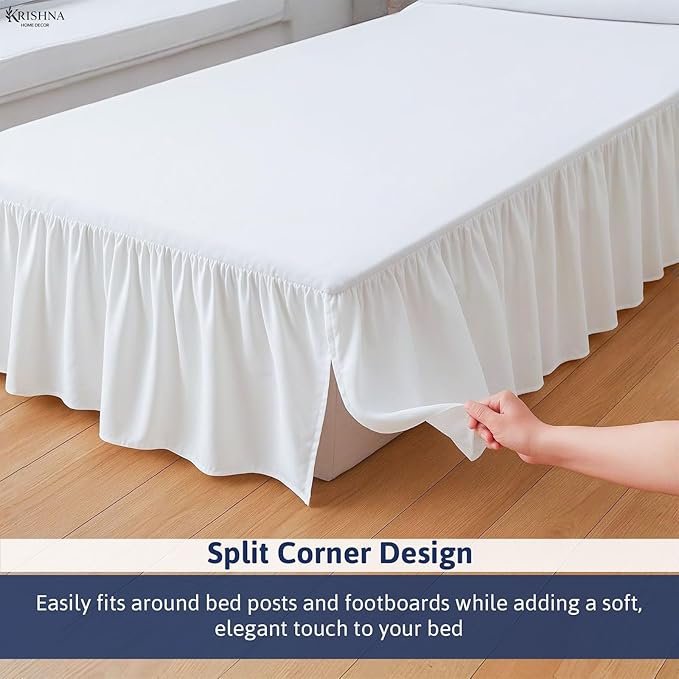 KRISHNA Ruffled Bed Skirt with Split Corners Queen, 100% Microfiber Hotel Quality, 15 Inch Drop Dust Ruffle Gathered Bedskirt with Platform, 60" x 80", White
