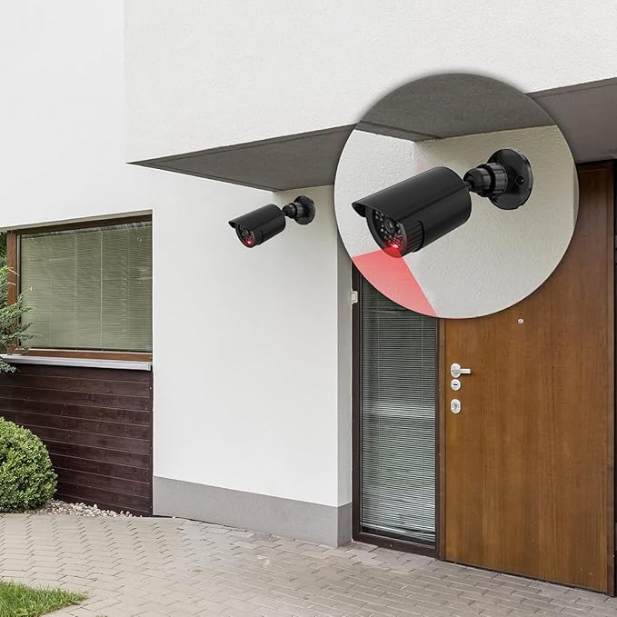 WALI Bullet Dummy Fake Surveillance Security CCTV Dome Camera Indoor Outdoor with One LED Light, Security Alert Sticker Decals (TC-B2), 2 Packs, Black