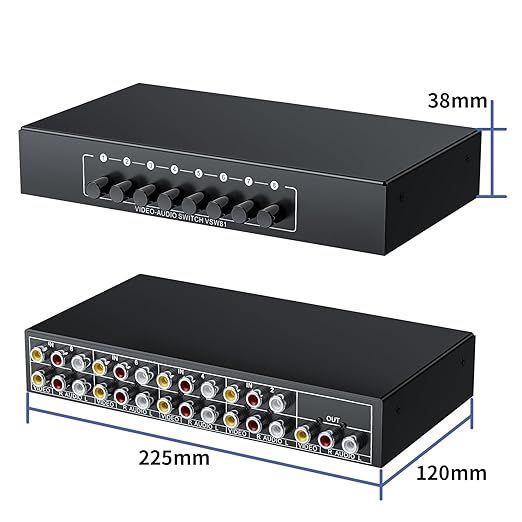 BolAAzuL RCA Switch 8 in 1 Out Composite Video L/R Audio Selector Box 8X1, 8-Way RCA Switcher - 8 Port AV Selector Switch - Plug & Play for Wii PS2 Xbox DVD STB HDTV