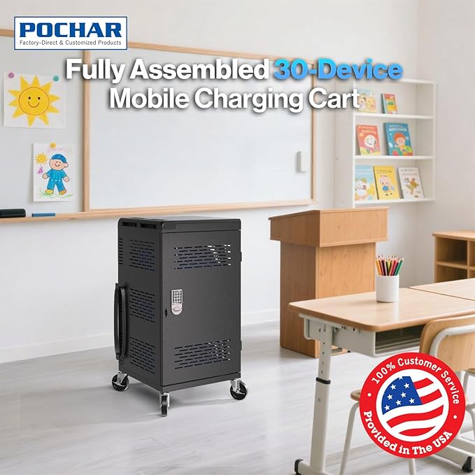 8 Pack | Fully Assembled 30 Bay Multi Device Charging Station for Chromebook,iPad,14'' Laptop,Pre Built Computer Charging Cart with Charger Cable Management,Circuit Breaker,Grounding Protection(Black)