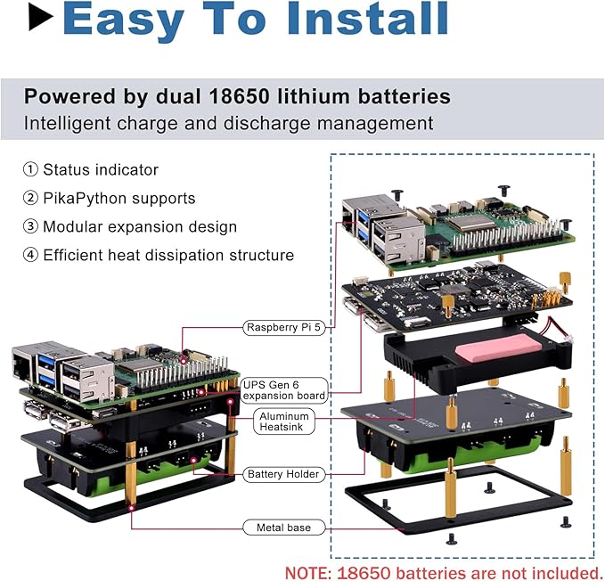 GeeekPi UPS Gen 6 Power Supply Uninterruptible UPS HAT for Raspberry Pi 5/4B, with Aluminum Heatsink