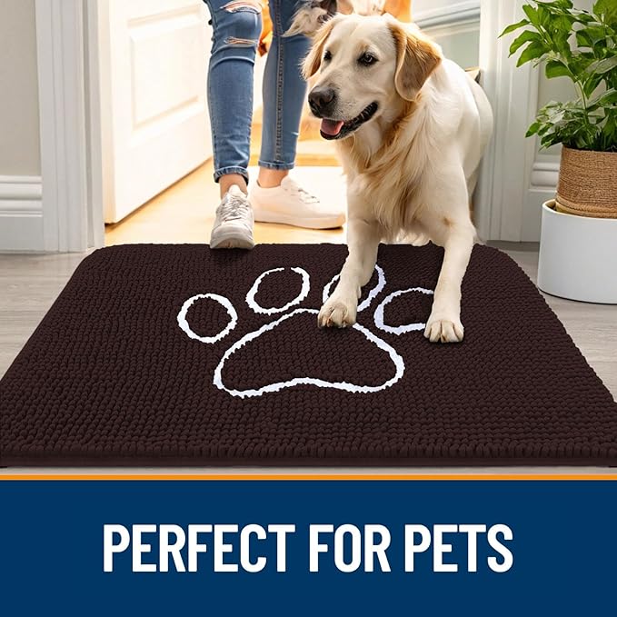 OLANLY Dog Door Mat for Muddy Paws 48x30, Paw Print Design, Absorbs Moisture and Dirt, Absorbent Non-Slip Washable Doormat, Quick Dry Chenille Mud Mat for Dogs, Entry Indoor Entryway Carpet, Brown