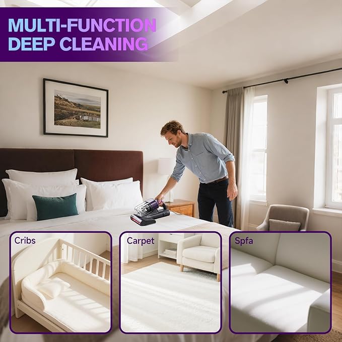 Mxnsewr Mattress Vacuum Cleaner, Ultrasonic Bed Vacuum Cleaner with 18Kpa Strong Suction, 150°F Heat & 253.7nm UV-C Light, Intelligent Dual Cup, One-Click Dust Removal for Bed, Sofa, Pet Hair, Grey