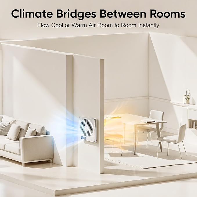 Windigaga 8" Room to Room Fan with Remote, 320CFM Through Wall Air Transfer Fan with Temperature Control, Reversible Airflow Design, 10 Speeds, Quiet Balance Exhaust Vent for Bedroom, Laundry,Kitchen