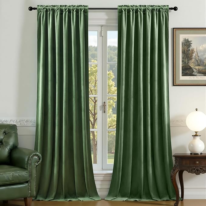 AUSSPVOCT Olive Green Velvet Curtains 84 Inches for Living Room, Elegant Thermal Insulated Room Darkening Heavy Blackout Drapes Luxury Curtain for Bedroom, Back Tab Rod Pocket, W52 x L84, 2 Panels
