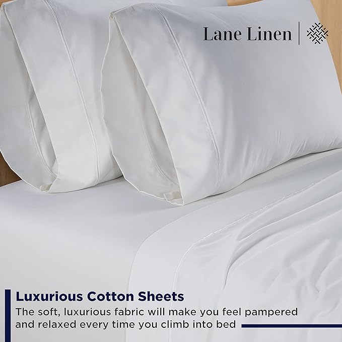 LANE LINEN Queen Sheet Set - 600 Thread Count Premium Soft Long Staple 100% Cotton Sheets, Hotel Luxury Sateen Silky Finish, Snug Fit 15" Deep Pocket, Low Pill, Machine Washable - White Sheets
